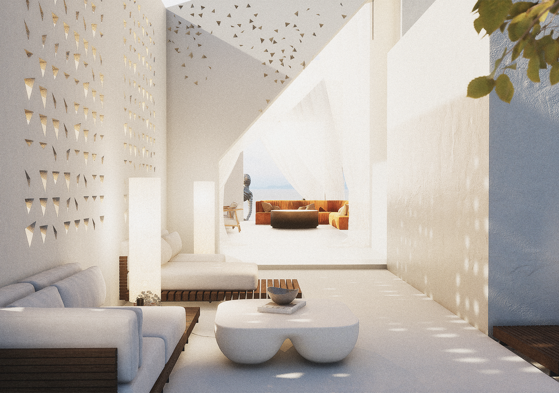 A Mediterranean-style dining room with a white table, wicker chairs, and woven pendant lights, opening through an archway to a sun-drenched patio.