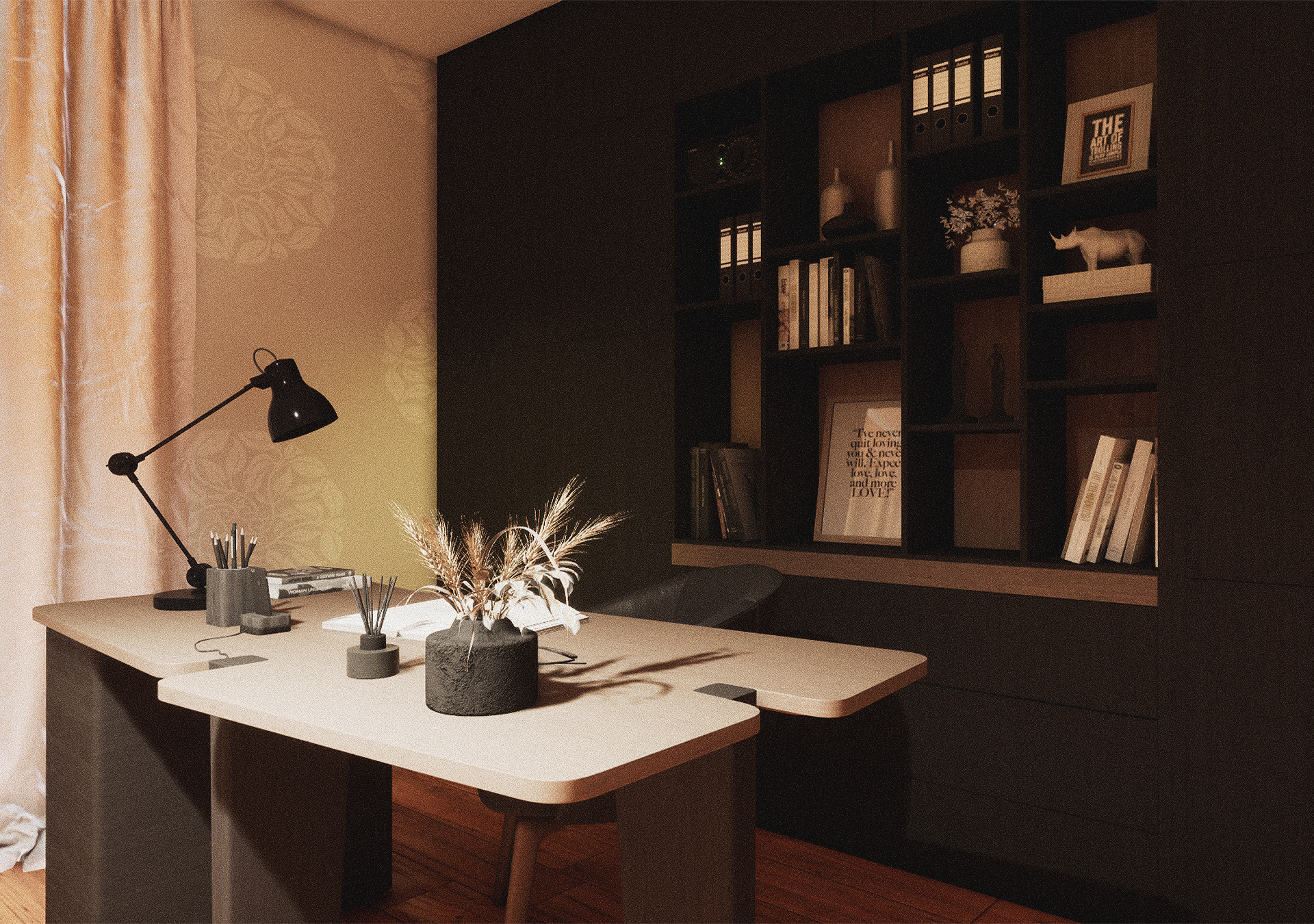 Verbatim reference to project-05-hero.jpg showing a collaborative long-table workspace divided by lush green plants, featuring ergonomic grey chairs and warm wood flooring.