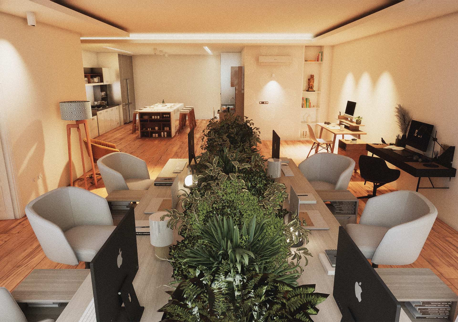 Verbatim reference to project-05-hero.jpg showing a collaborative long-table workspace divided by lush green plants, featuring ergonomic grey chairs and warm wood flooring.