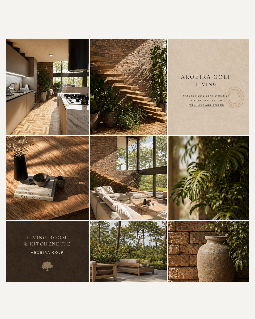 Material palette details with natural oak, soft linen, muted clay, stone, and charcoal accents.