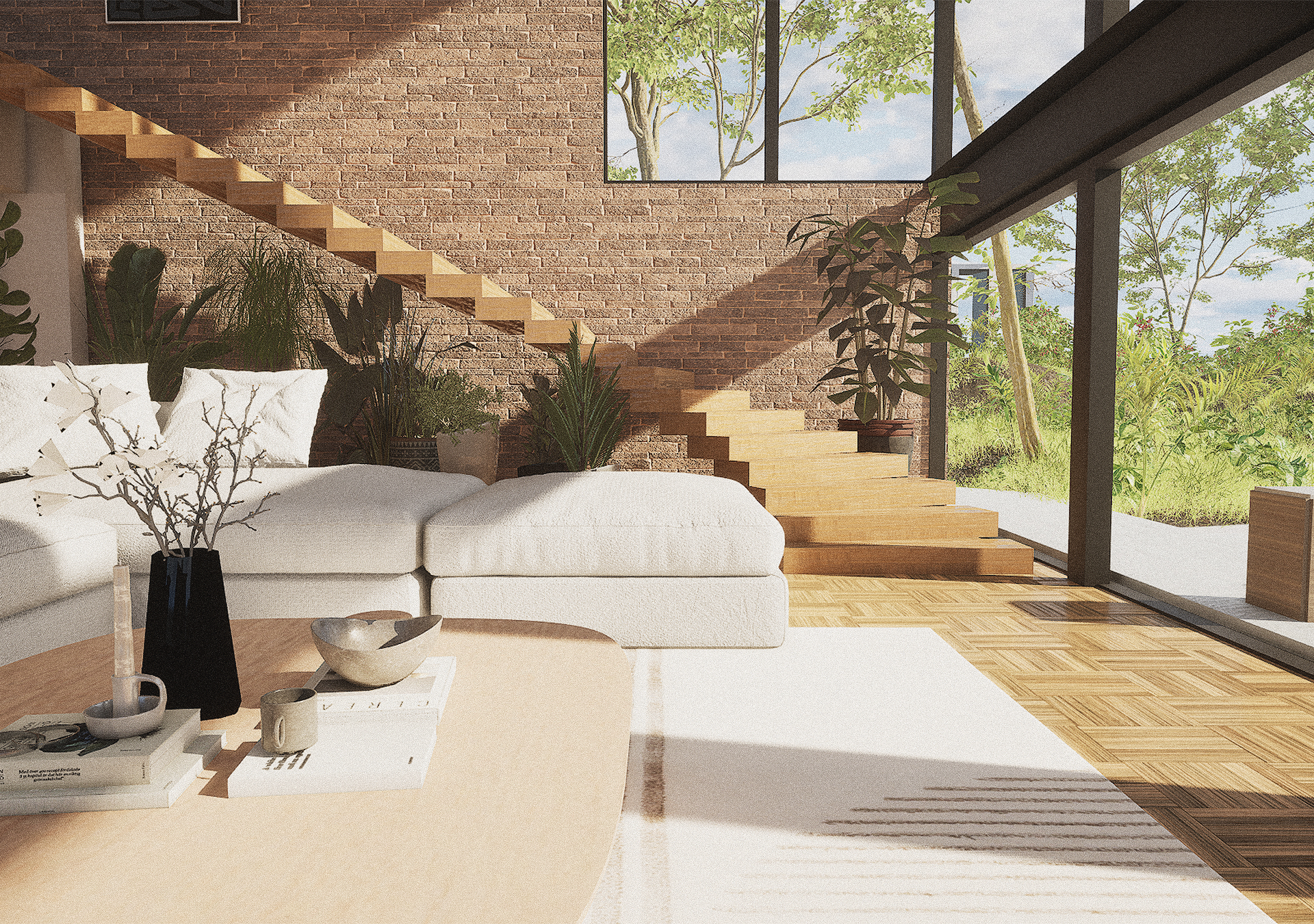 A wide-angle view of a double-height living space featuring a floating wooden staircase against a brick accent wall, a large white modular sofa, and floor-to-ceiling windows overlooking a pine forest.