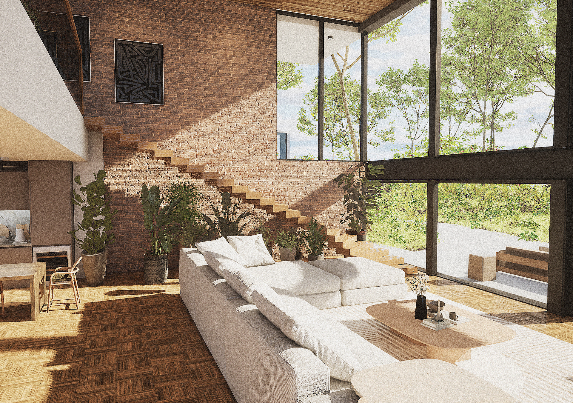 A wide-angle view of a double-height living space featuring a floating wooden staircase against a brick accent wall, a large white modular sofa, and floor-to-ceiling windows overlooking a pine forest.
