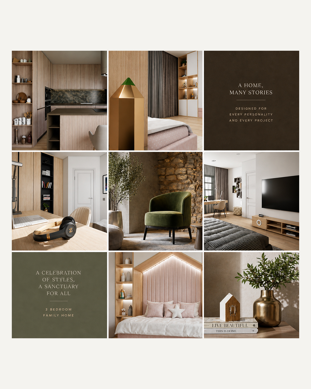 A sophisticated interplay of texture and tone using light ash wood, deep charcoal, blush taupe, and muted sage.