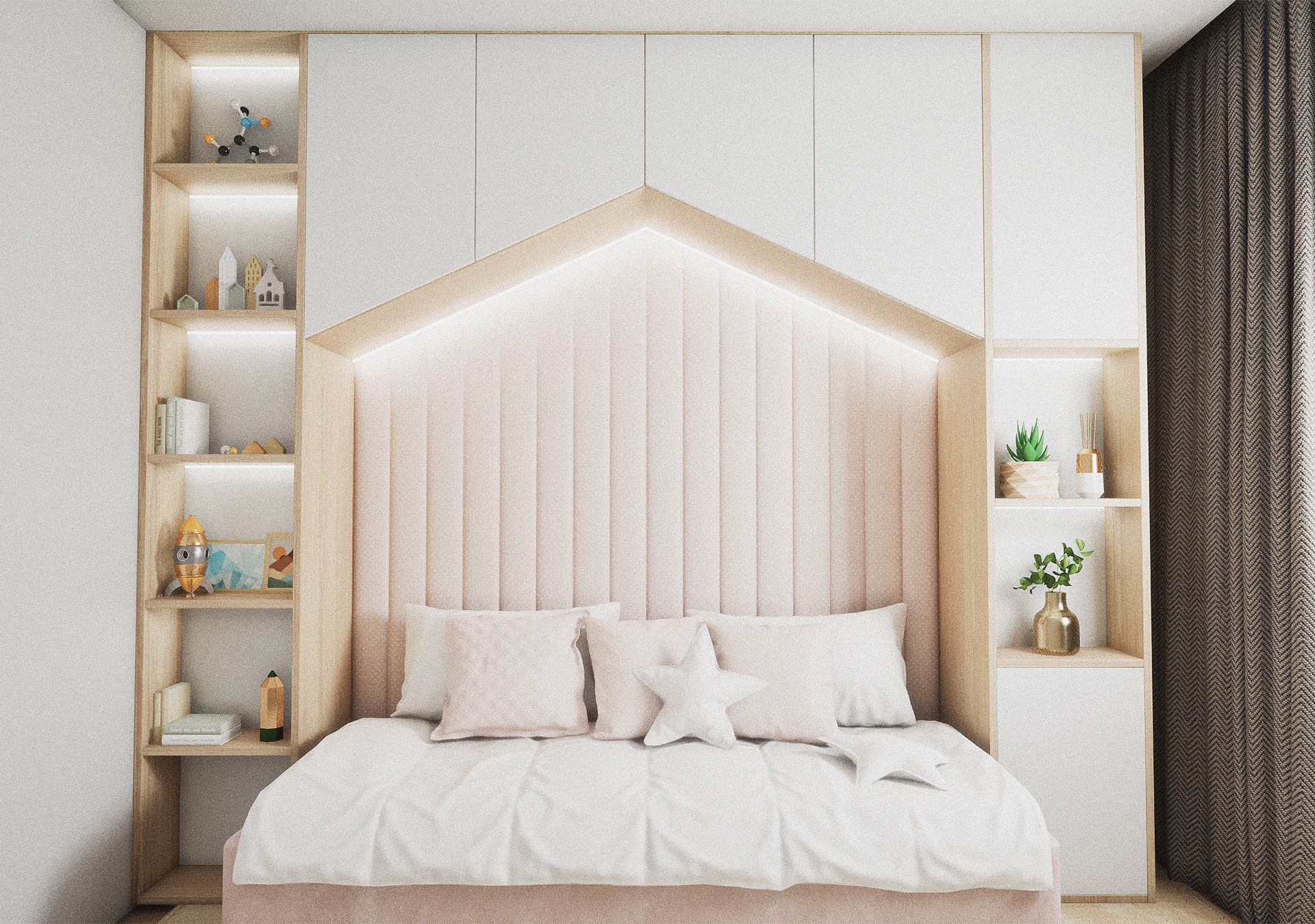 A bright, modern bedroom featuring a large TV mounted on a white wall, a light wood media console, and a desk area positioned by a window with long, patterned grey curtains.