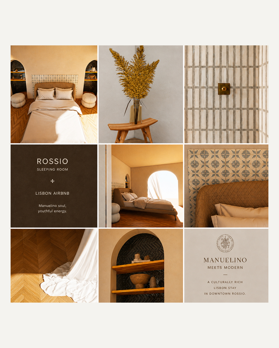 Material details including warm white walls, tan leather, muted blue azulejo-inspired patterns, and dark wood herringbone flooring.