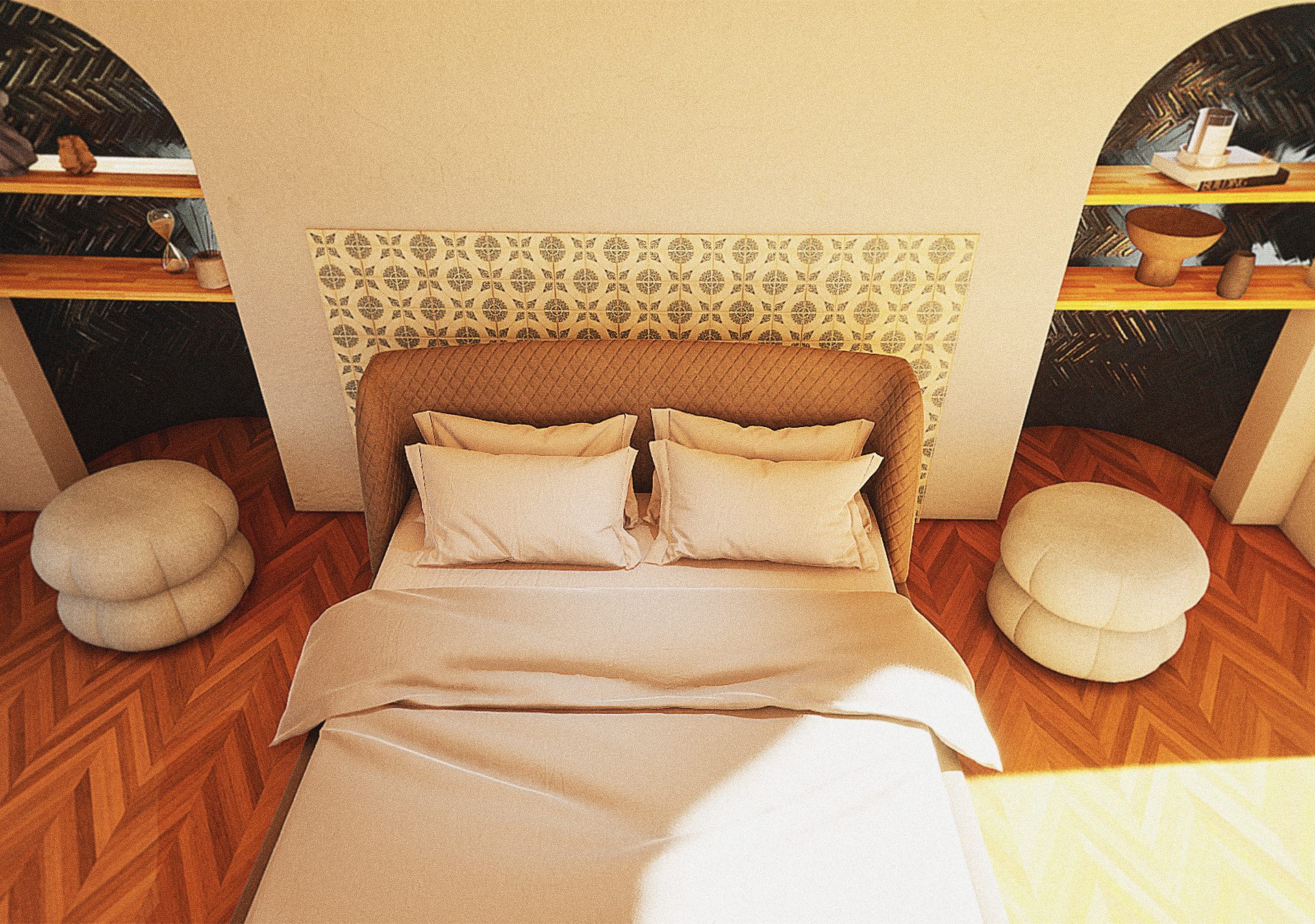 A view from a doorway into a warm, sunlit bedroom featuring a dark wood herringbone floor, an arched window with light curtains, and a bed with a quilted tan headboard against a tiled wall.
