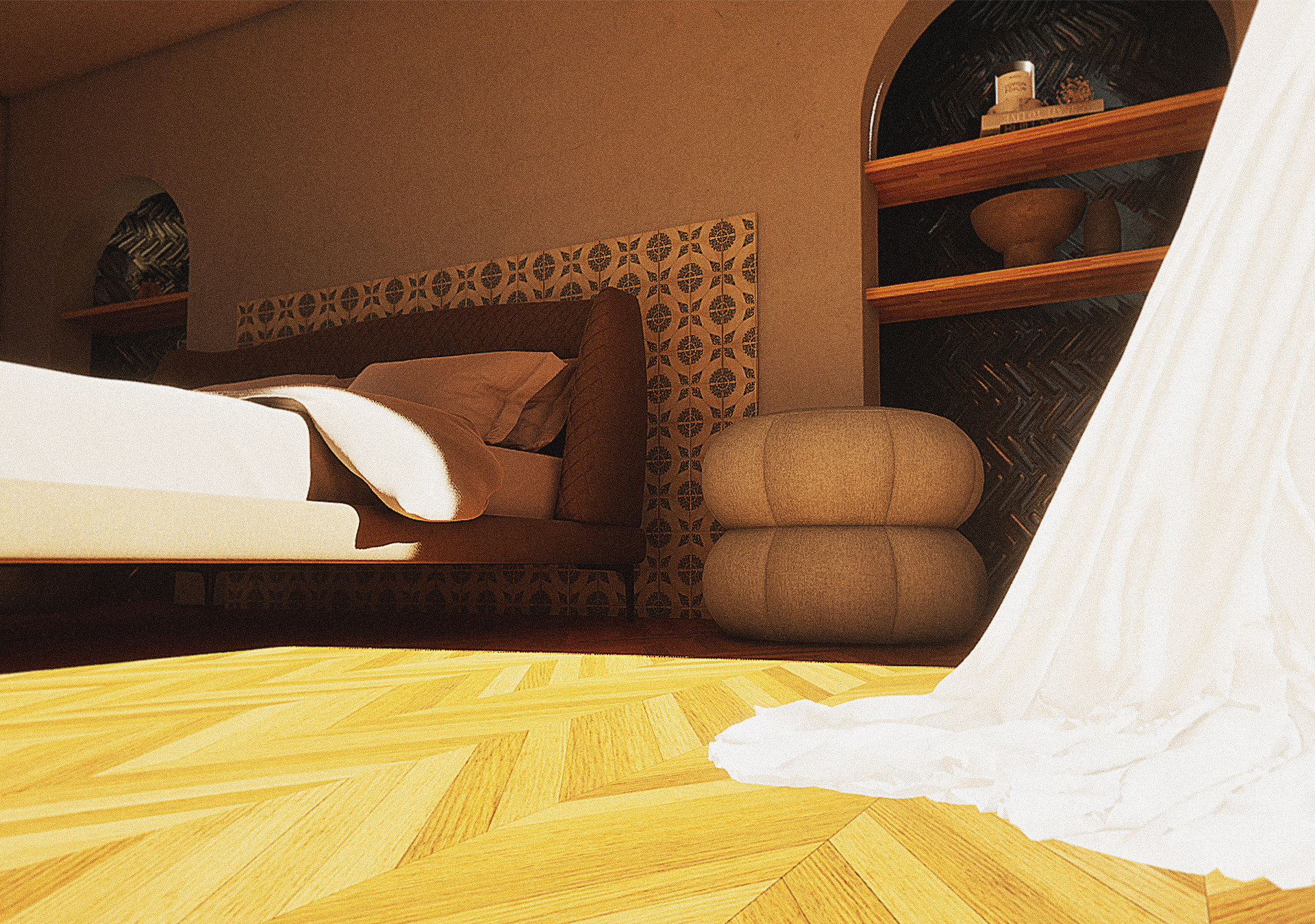A contemporary Lisbon Airbnb bedroom detail balancing Manuelino-inspired arches with youthful modern styling.