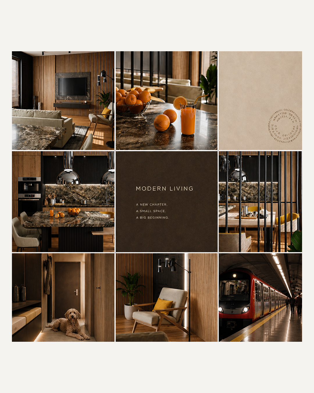 Material detail showing polished brown marble, vertical oak slats, matte charcoal finishes, and golden mustard accents.