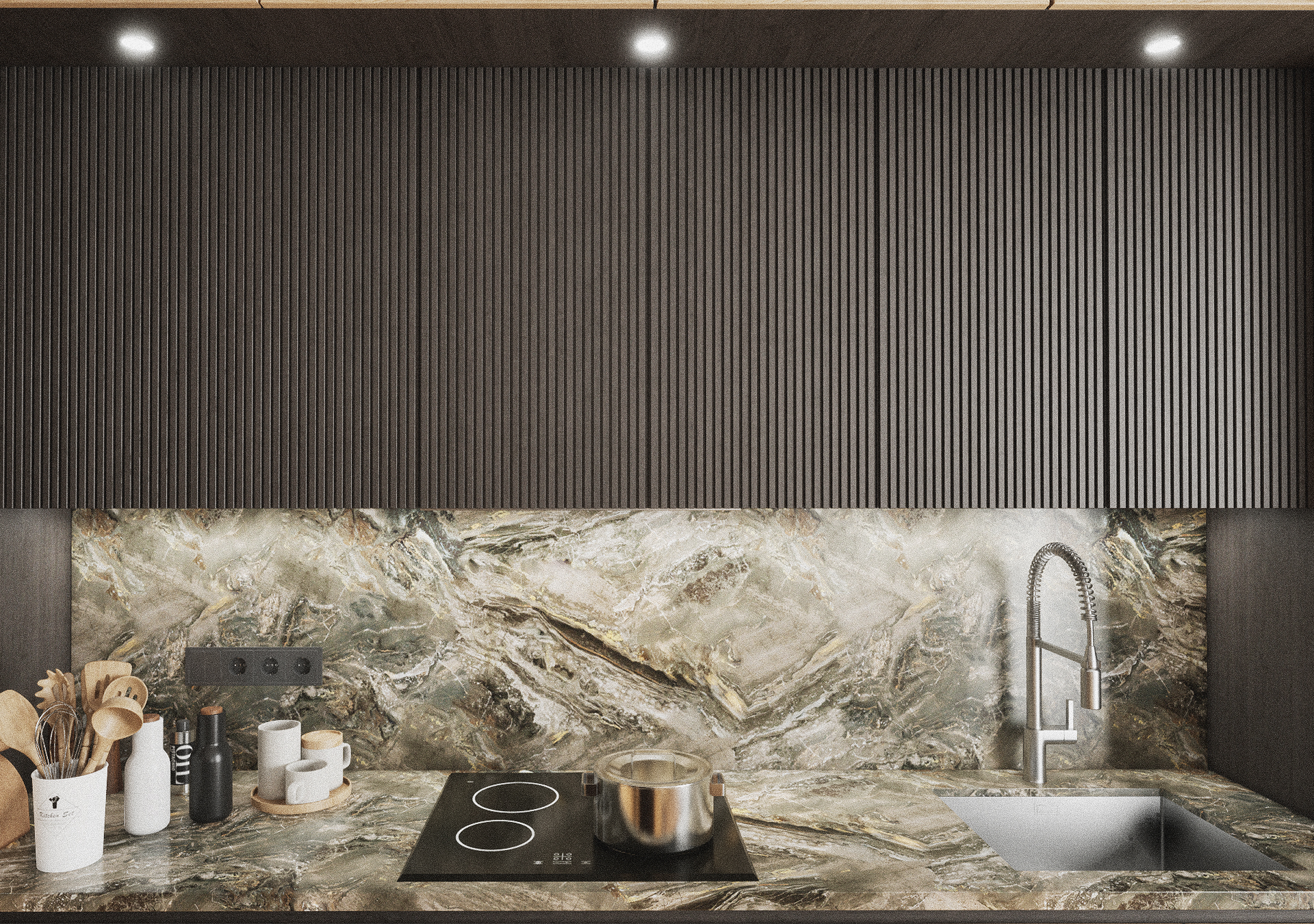 A supporting Modern Living render showing the compact residential interior with warm wood textures and refined dark cabinetry.