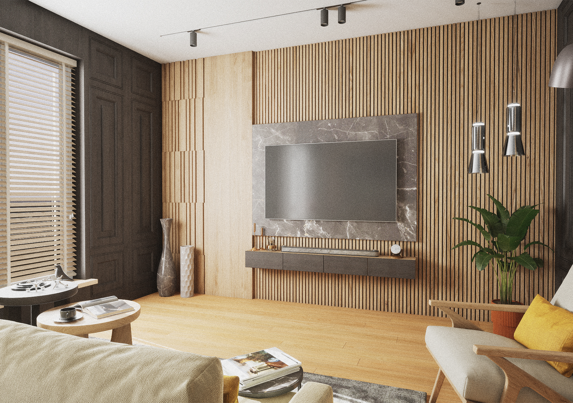 A supporting Modern Living render emphasizing layered materials, vertical lines, and compact urban comfort.